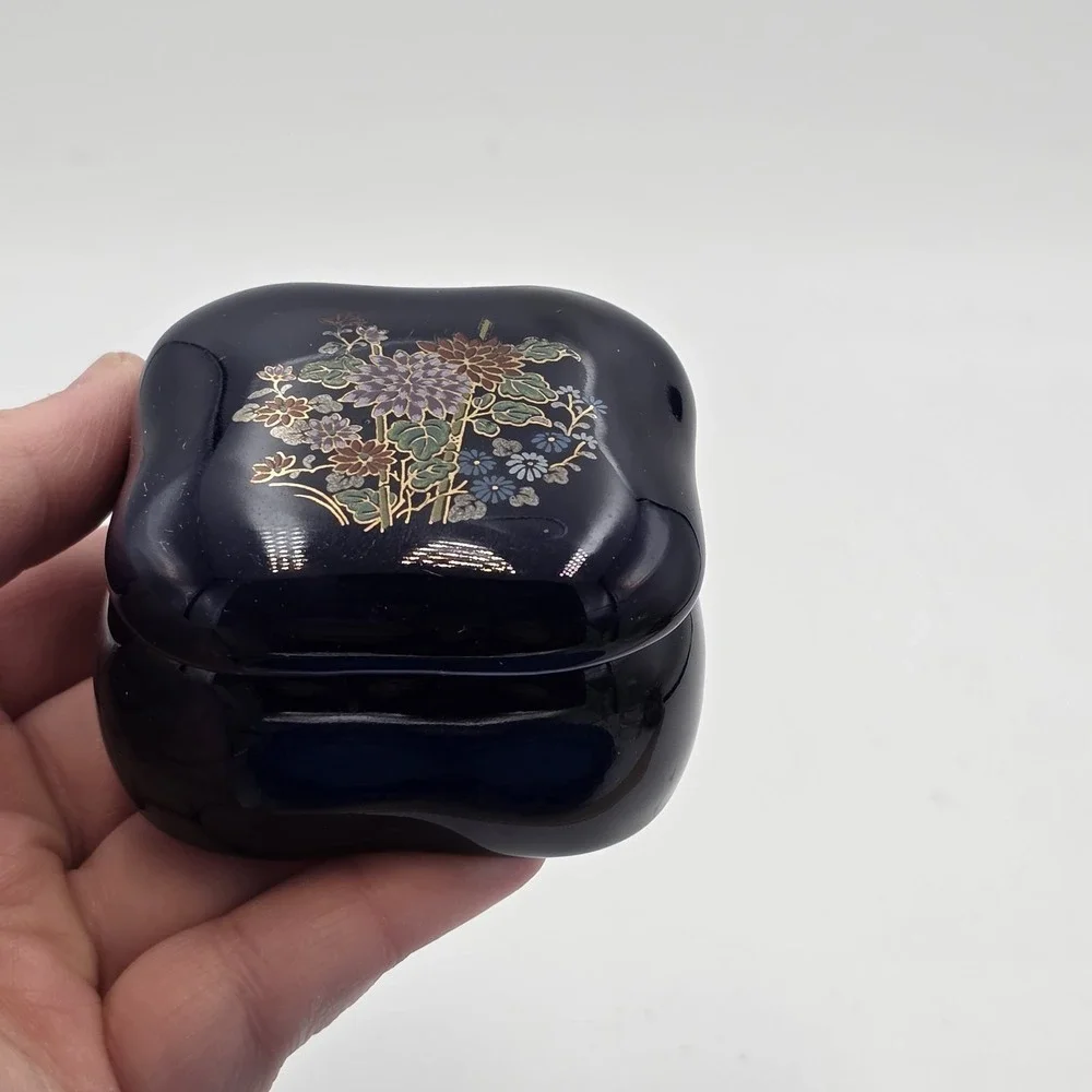 Vintage Japanese Cobalt Blue Ceramic Trinket Box Hand Painted Floral Jewelry Box